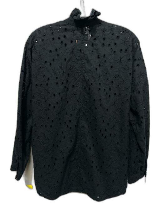 A Shirt Thing Size M Black Cotton Floral Eyelet Long Sleeve V Neck Top Black / M