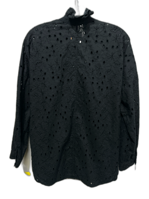 A Shirt Thing Size M Black Cotton Floral Eyelet Long Sleeve V Neck Top Black / M
