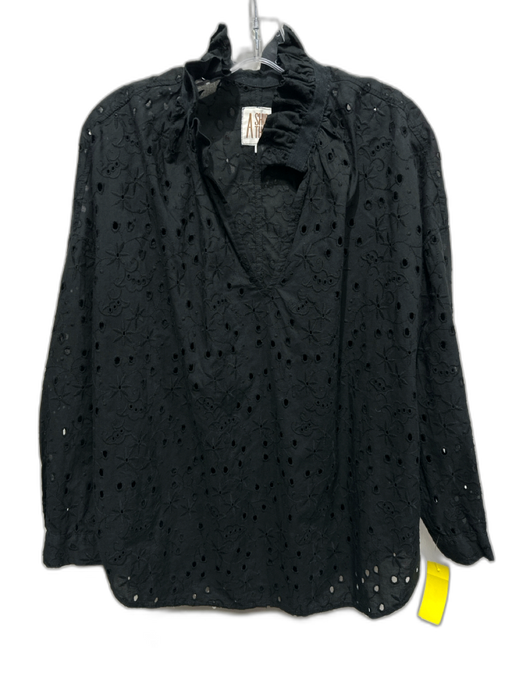 A Shirt Thing Size M Black Cotton Floral Eyelet Long Sleeve V Neck Top Black / M