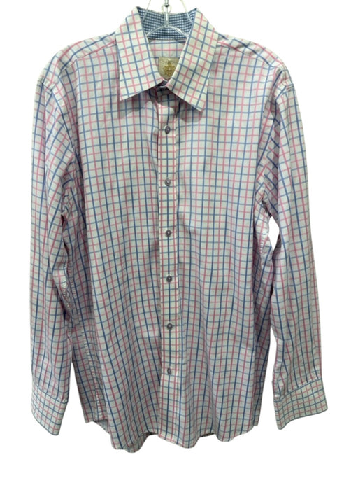 Guffey's Size L White & Pink Cotton Grid Button Up Men's Long Sleeve Shirt White & Pink / L