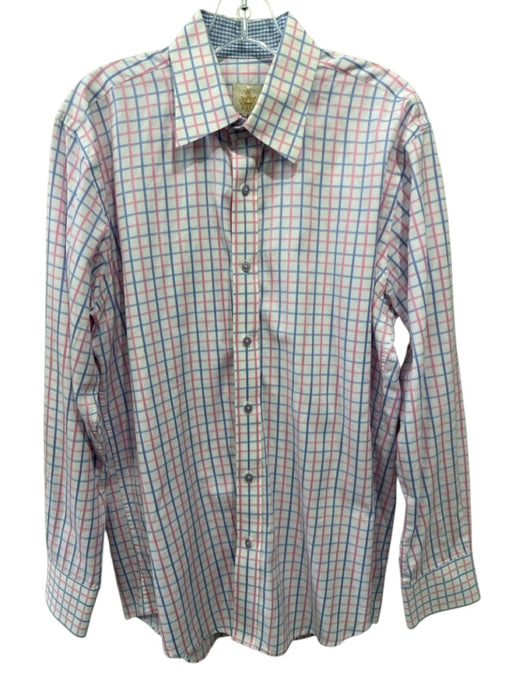 Guffey's Size L White & Pink Cotton Grid Button Up Men's Long Sleeve Shirt White & Pink / L