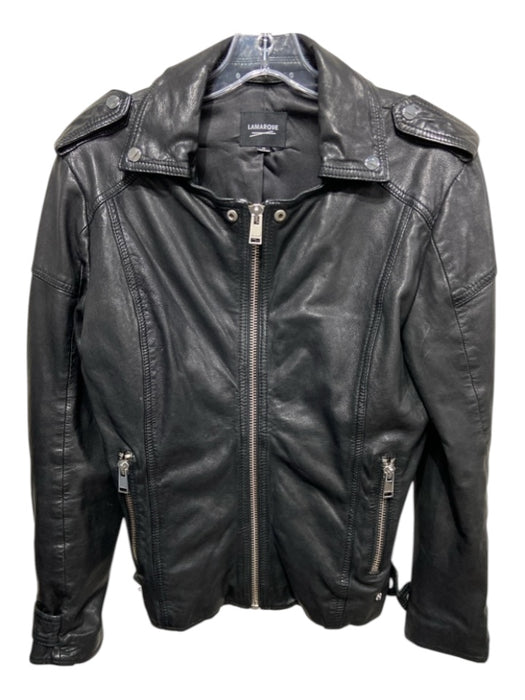 Lamarque Size M Black Lamb leather Moto Zip Detail Epaulettes Jacket Black / M