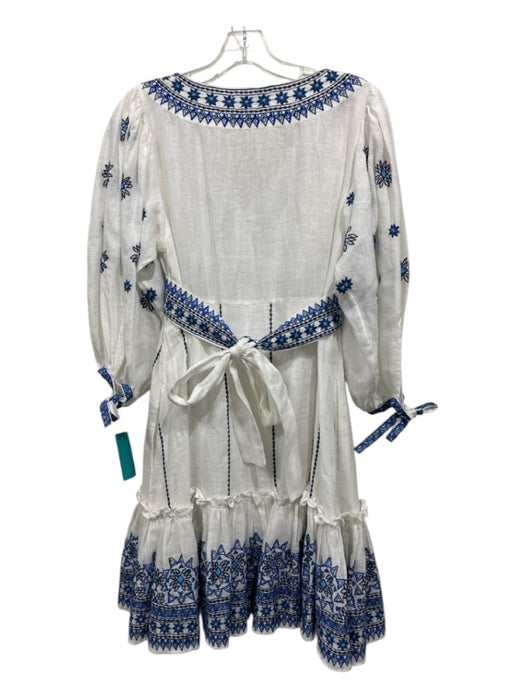 Cara Cara Size S White & Blue Linen V Neck Floral Embroidery Tie Detail Dress White & Blue / S
