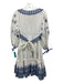 Cara Cara Size S White & Blue Linen V Neck Floral Embroidery Tie Detail Dress White & Blue / S