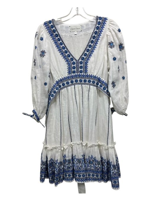 Cara Cara Size S White & Blue Linen V Neck Floral Embroidery Tie Detail Dress White & Blue / S