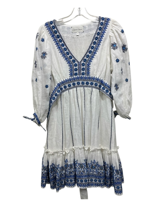Cara Cara Size S White & Blue Linen V Neck Floral Embroidery Tie Detail Dress White & Blue / S