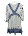 Cara Cara Size S White & Blue Linen V Neck Floral Embroidery Tie Detail Dress White & Blue / S