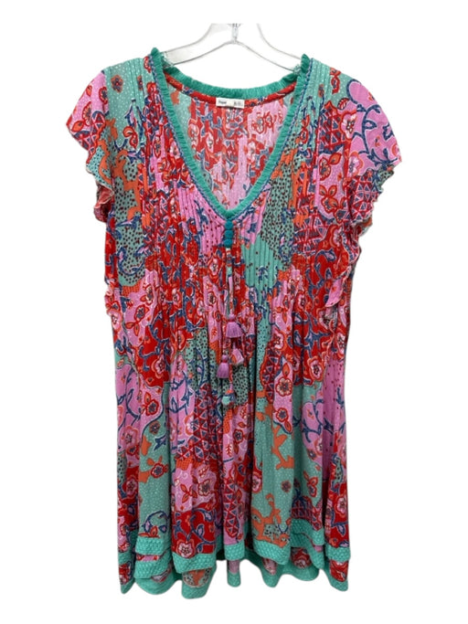 Poupette St. Barth Size S Multicolor Rayon Tassel Ties Pintuck Ruffle Dress Multicolor / S