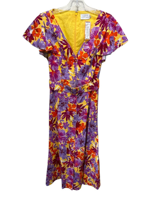 Tanya Taylor Size 6 Purple, Yellow & Orange Linen Blend V Neck Dress Purple, Yellow & Orange / 6