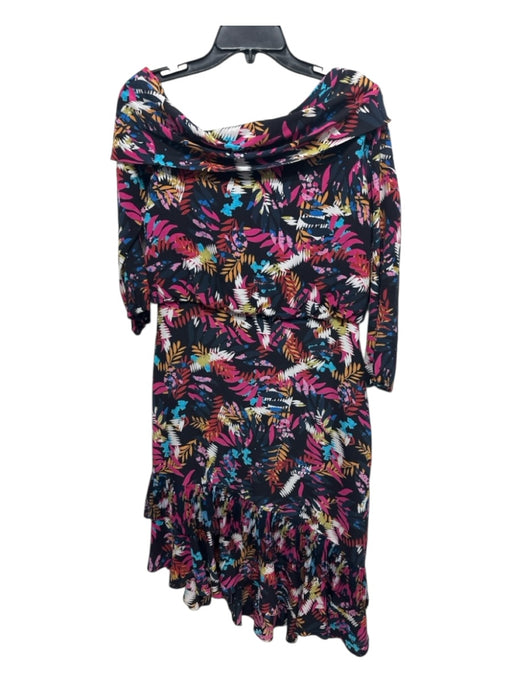 Saloni Size 12 Black & Multi Silk Leaves Off Shoulder Knee length Dress Black & Multi / 12