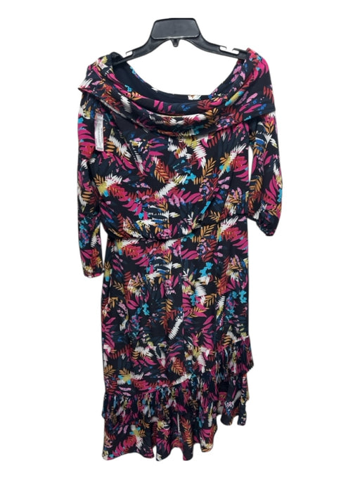 Saloni Size 12 Black & Multi Silk Leaves Off Shoulder Knee length Dress Black & Multi / 12