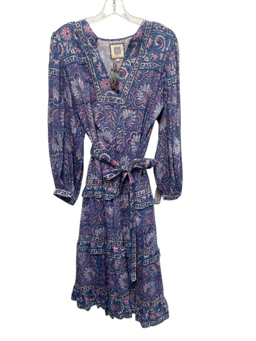 Bell by Alicia Bell Size L Blue, Purple, White Cotton Puff 1/2 Sleeve Midi Dress Blue, Purple, White / L