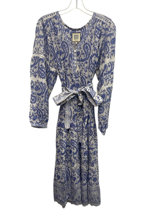 Bell by Alicia Bell Size XL Blue & White Cotton Long puff sleeve Midi Dress Blue & White / XL