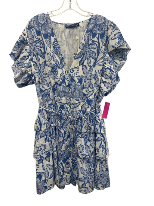 Ro's Garden Size XL Blue & White Cotton Ruffle Short Sleeve Floral Print Dress Blue & White / XL