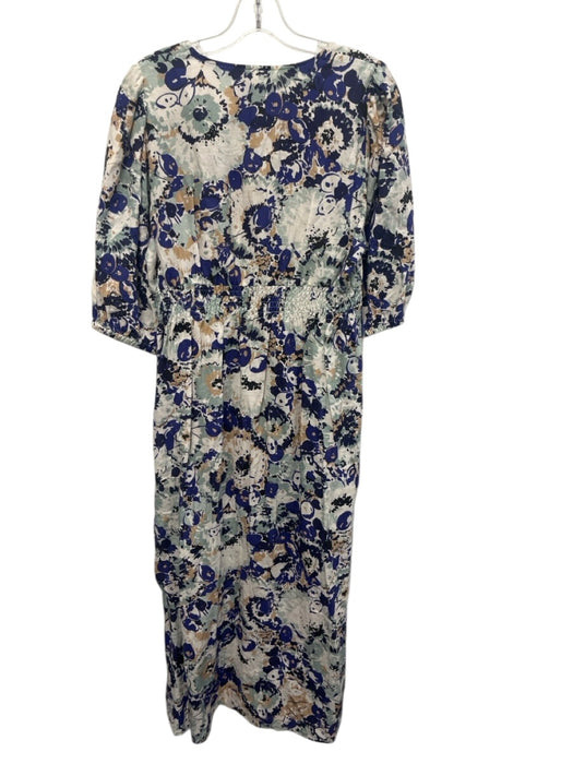 Tuckernuck Size L Blue, Green, Beige Linen & Cotton Short Puff Sleeve Midi Dress Blue, Green, Beige / L