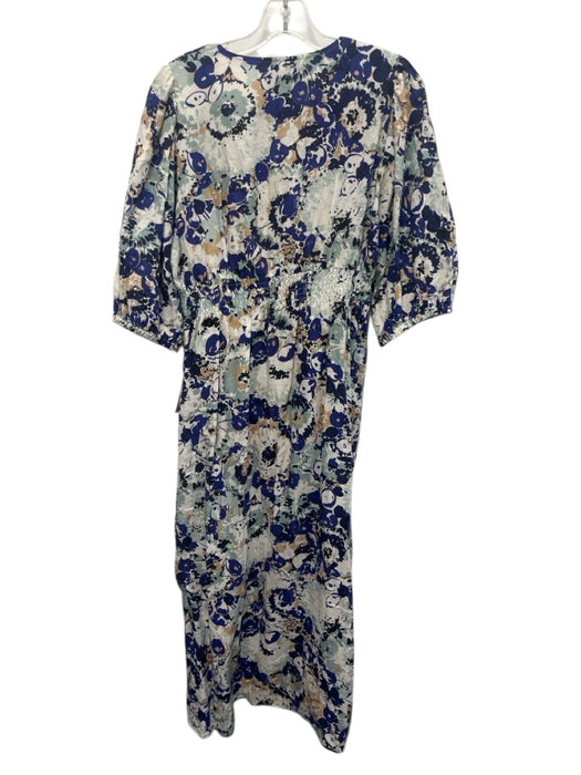 Tuckernuck Size L Blue, Green, Beige Linen & Cotton Short Puff Sleeve Midi Dress Blue, Green, Beige / L