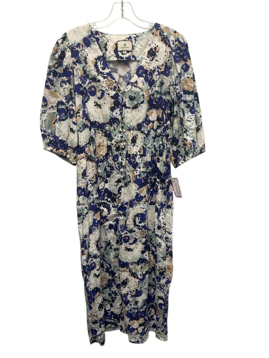Tuckernuck Size L Blue, Green, Beige Linen & Cotton Short Puff Sleeve Midi Dress — Labels Resale Boutique