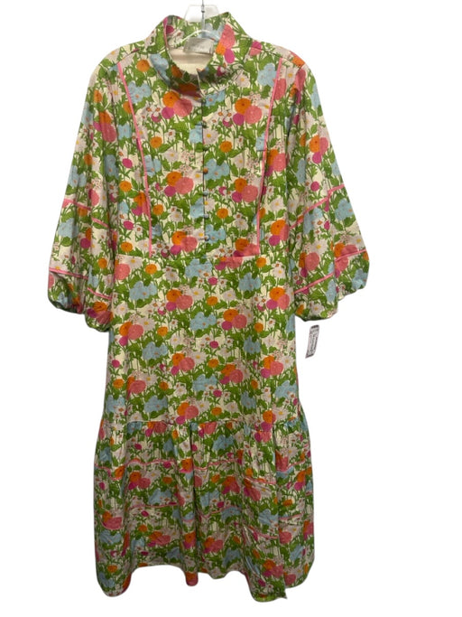Hyacinth House Size L Green, Blue, Pink Cotton Long puff sleeve 1/2 Button Dress Green, Blue, Pink / L