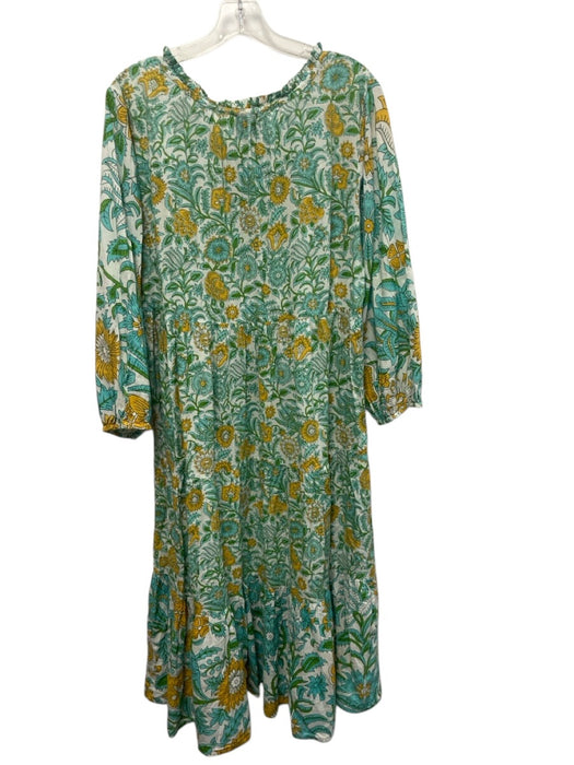 Tuckernuck Size XL Blue, Yellow, Green Cotton Long puff sleeve Midi Dress