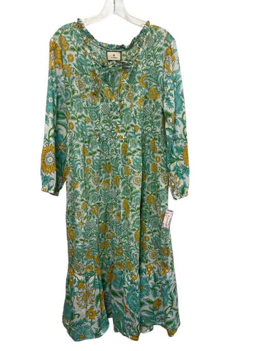 Tuckernuck Size XL Blue, Yellow, Green Cotton Long puff sleeve Midi Dress Blue, Yellow, Green / XL