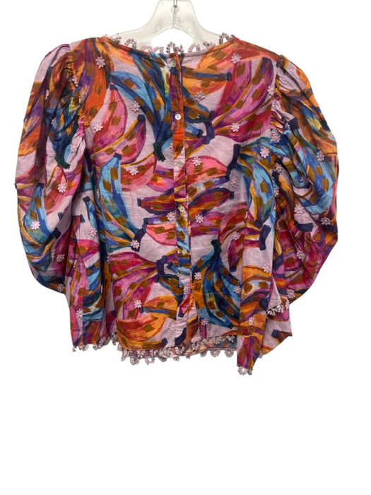 Farm Rio Size L Pink, Orange, Blue Cotton Puff 1/2 Sleeve Banana Print Top Pink, Orange, Blue / L
