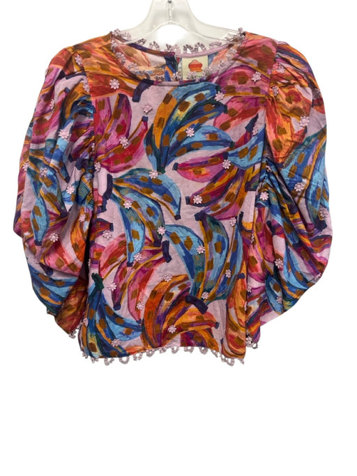 Farm Rio Size L Pink, Orange, Blue Cotton Puff 1/2 Sleeve Banana Print Top Pink, Orange, Blue / L
