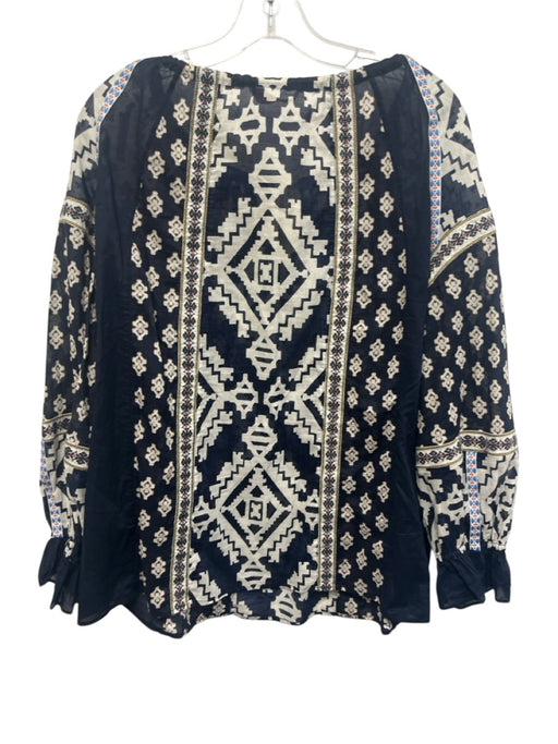 Tory Burch Size M Navy Blue & White Cotton Puff 3/4 Sleeve Geometric Print Top Navy Blue & White / M