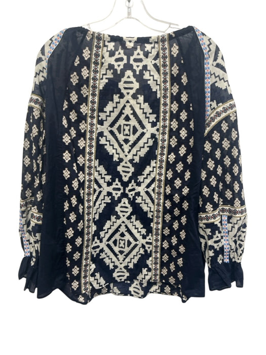 Tory Burch Size M Navy Blue & White Cotton Puff 3/4 Sleeve Geometric Print Top Navy Blue & White / M