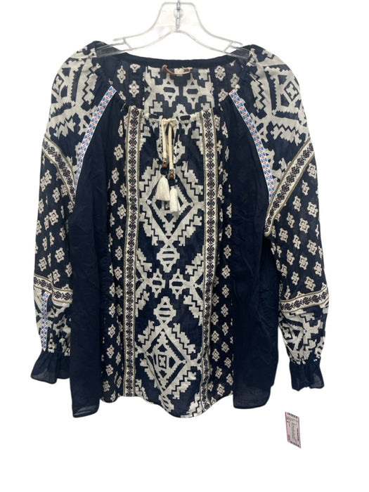 Tory Burch Size M Navy Blue & White Cotton Puff 3/4 Sleeve Geometric Print Top Navy Blue & White / M