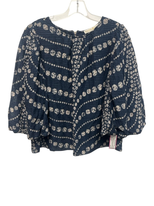Marie Oliver Size 1/S Navy Blue & Beige Linen & Viscose Bubble Sleeve Top Navy Blue & Beige / 1/S