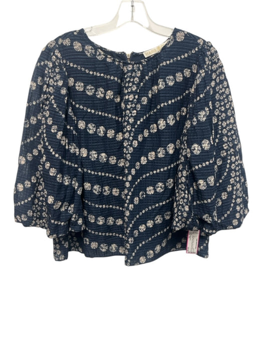 Marie Oliver Size 1/S Navy Blue & Beige Linen & Viscose Bubble Sleeve Top Navy Blue & Beige / 1/S