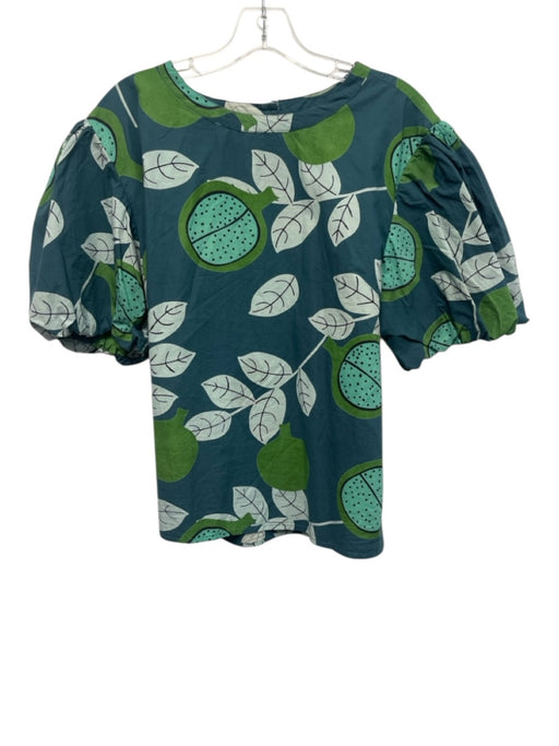 Olivia James Size L Blue & Green Cotton Short Puff Sleeve Leaf Print Top Blue & Green / L
