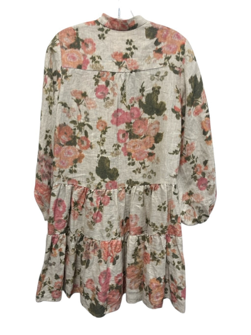 Erdem Size 4 Beige, Pink & Green Linen Abstract Floral 3/4 Balloon Sleeve Dress Beige, Pink & Green / 4