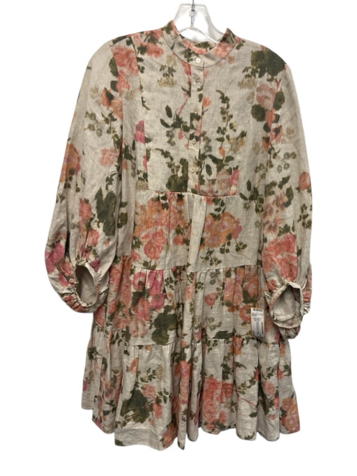 Erdem Size 4 Beige, Pink & Green Linen Abstract Floral 3/4 Balloon Sleeve Dress Beige, Pink & Green / 4