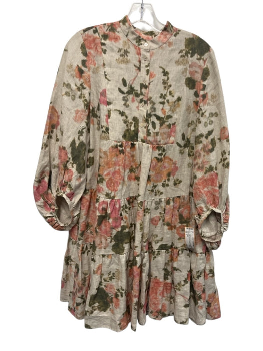 Erdem Size 4 Beige, Pink & Green Linen Abstract Floral 3/4 Balloon Sleeve Dress Beige, Pink & Green / 4