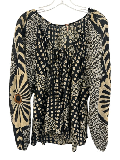 Free People Size M Black, Beige & Brown Cotton Long Balloon Sleeve Floral Top Black, Beige & Brown / M
