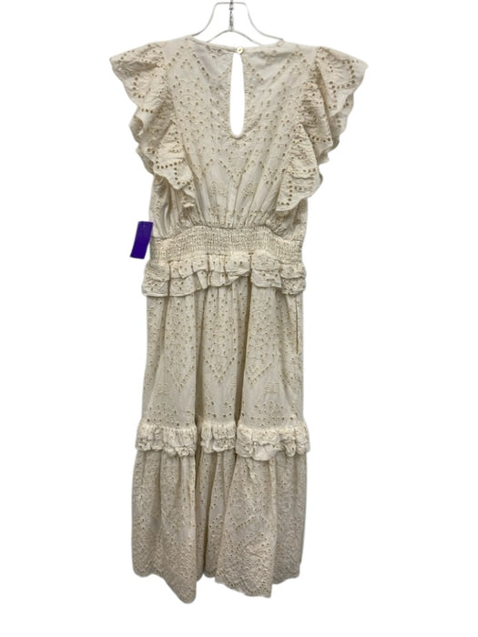 Cleobella Size S White & Cream Cotton Yellow Bead Ruffle Cap Sleeve V Neck Dress White & Cream / S