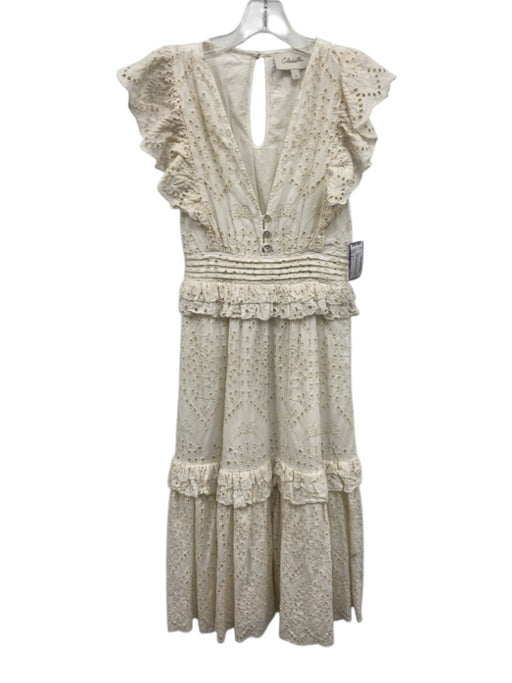 Cleobella Size S White & Cream Cotton Yellow Bead Ruffle Cap Sleeve V Neck Dress White & Cream / S