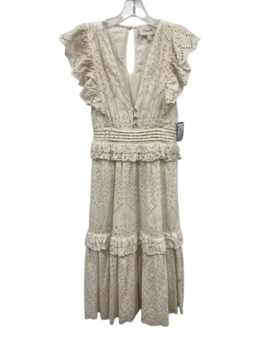 Cleobella Size S White & Cream Cotton Yellow Bead Ruffle Cap Sleeve V Neck Dress White & Cream / S