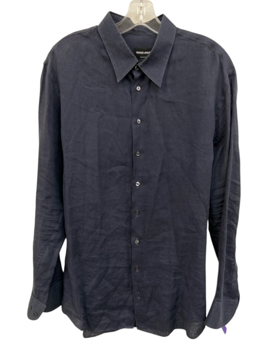 Armani Size 16.5 Blue Linen Solid Button Up Point Collar Men's Long Sleeve Shirt Blue / 16.5