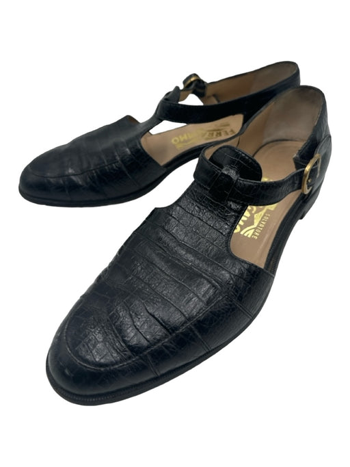 Salvatore Ferragamo Shoe Size 9 Black Croc Almond Toe Ankle Strap Sandals Black / 9