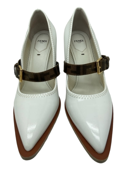 Fendi Shoe Size 39.5 White & Brown Patent Leather Pointed Toe Buckle Pumps White & Brown / 39.5