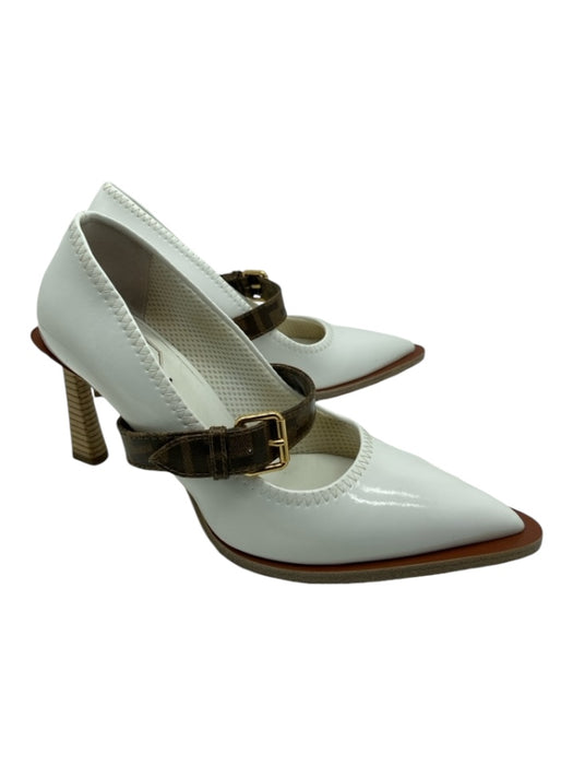 Fendi Shoe Size 39.5 White & Brown Patent Leather Pointed Toe Buckle Pumps White & Brown / 39.5