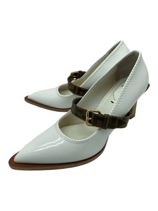 Fendi Shoe Size 39.5 White & Brown Patent Leather Pointed Toe Buckle Pumps White & Brown / 39.5