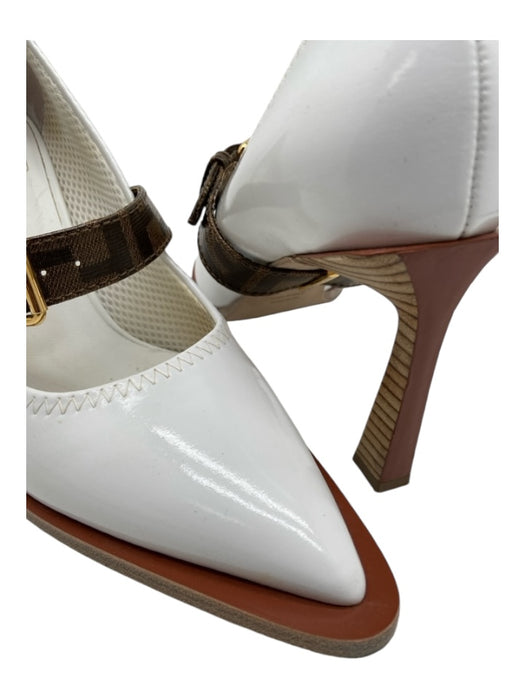 Fendi Shoe Size 39.5 White & Brown Patent Leather Pointed Toe Buckle Pumps White & Brown / 39.5