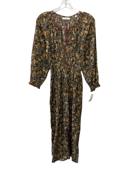 Doen Size S Navy & Multi Cotton Floral Tie Neck Long Sleeve Maxi Dress Navy & Multi / S