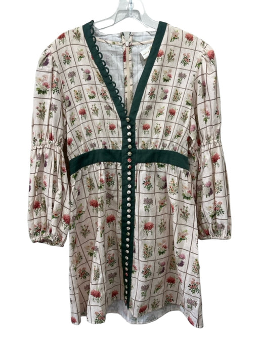 Anna Cate Size M White, Green, Multi Cotton & Linen Long Sleeve Bouquet Dress White, Green, Multi / M