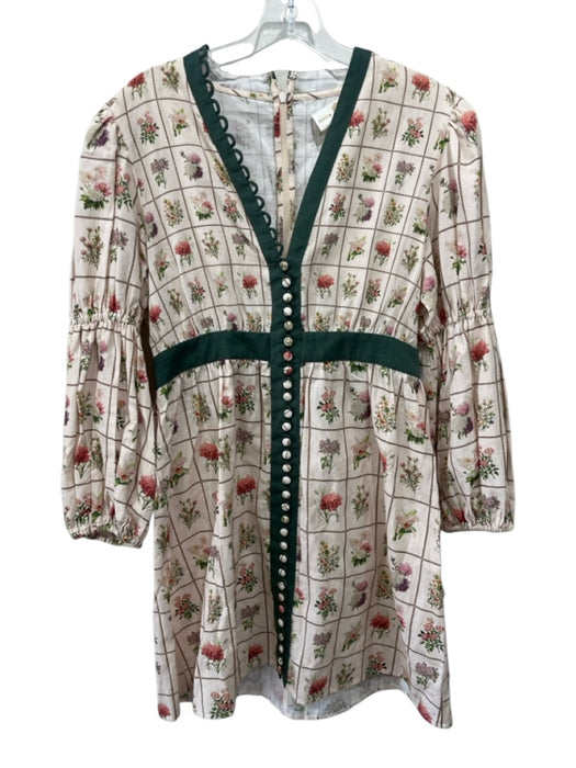 Anna Cate Size M White, Green, Multi Cotton & Linen Long Sleeve Bouquet Dress White, Green, Multi / M