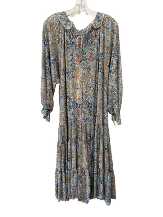 Free People Size XS White, Blue, Multi Polyester Long Sleeve Floral Midi Dress White, Blue, Multi / XS