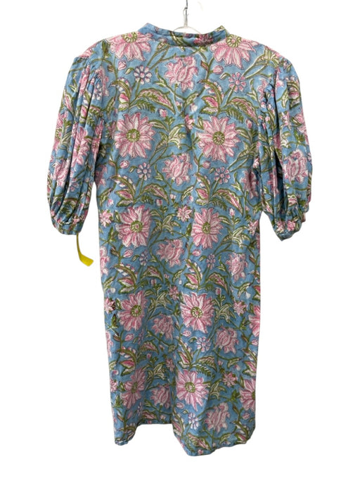 Le Bazar Coastal Size M Blue, Green, Multi Cotton Floral Short Puff Sleeve Dress Blue, Green, Multi / M